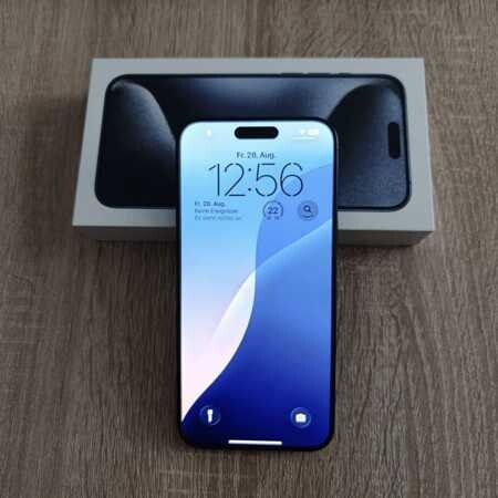 iPhone 15 Pro Max (256GB) - Blue Titanium - Battery 88% - 563 cycles - Box and charger view 1